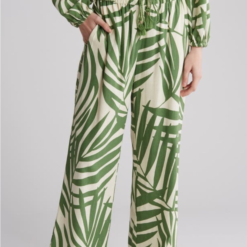 Green and Cream Palm Print Pull-On Pants